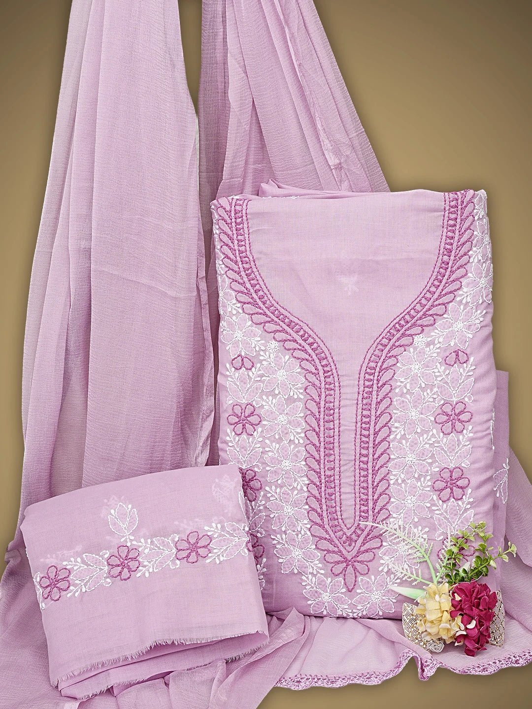 Ada Hand Embroidered Dusty Pink Cotton Lucknowi Chikankari Unstitched Suit Piece 01A943521
