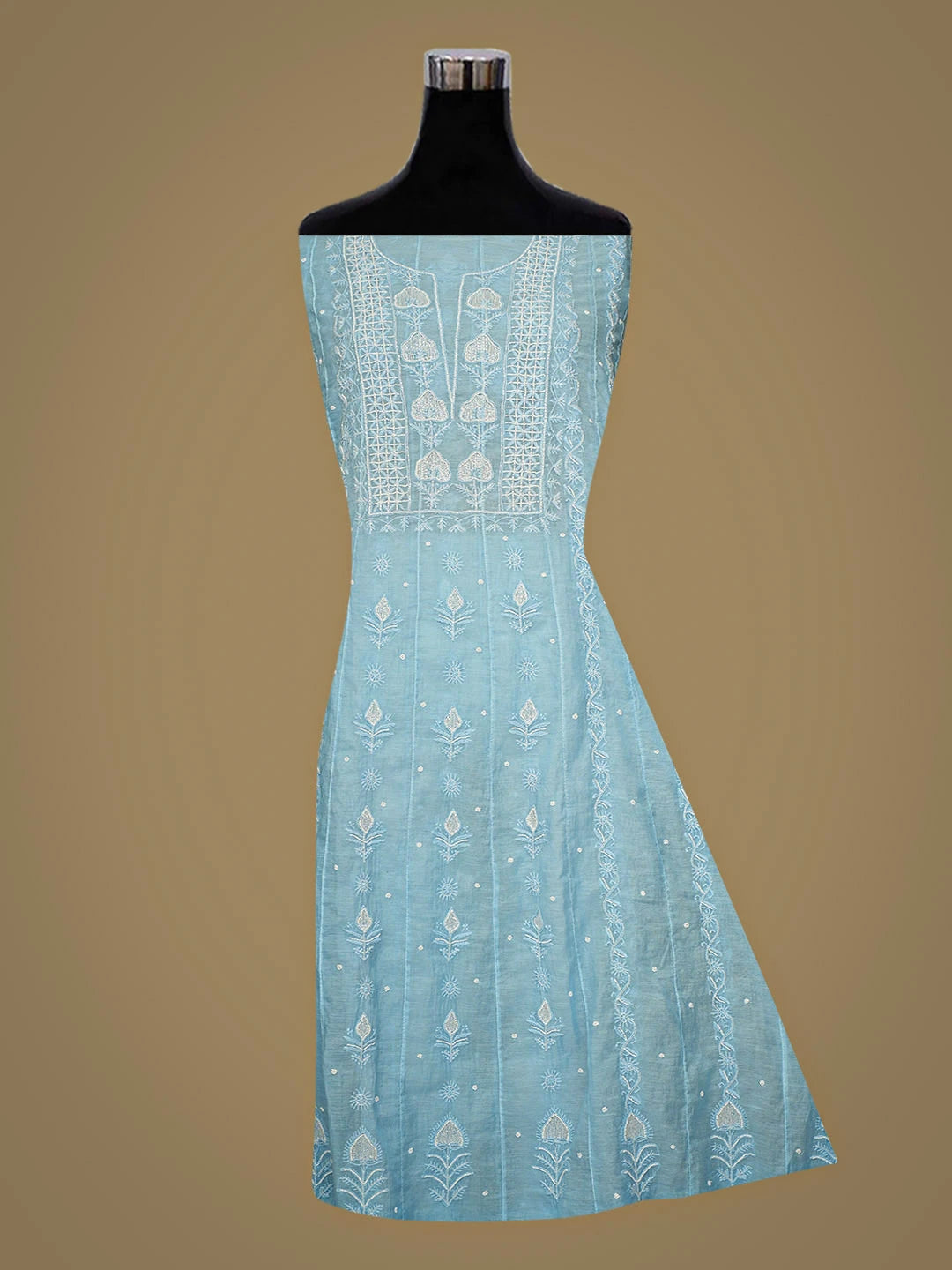 Ada Hand Embroidered Blue Chanderi Lucknowi Chikankari Semi-Stitched Anarkali Kurta Dupatta Set With Cutdana Work 01A916928