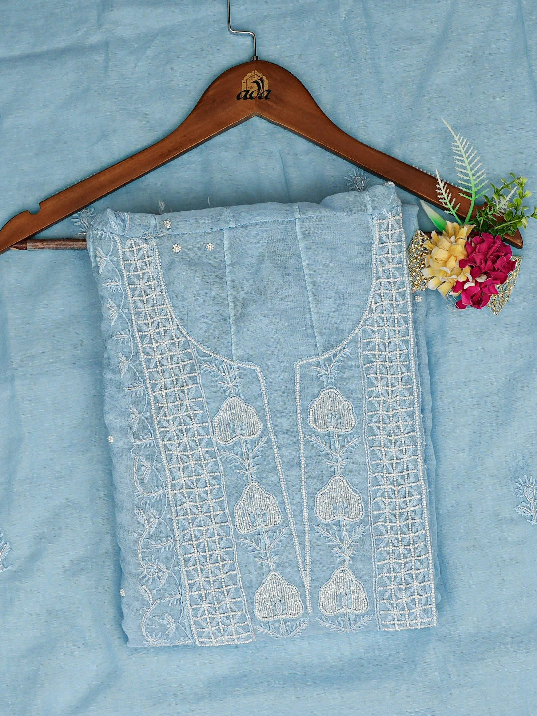 Ada Hand Embroidered Blue Chanderi Lucknowi Chikankari Semi-Stitched Anarkali Kurta Dupatta Set With Cutdana Work 01A916928