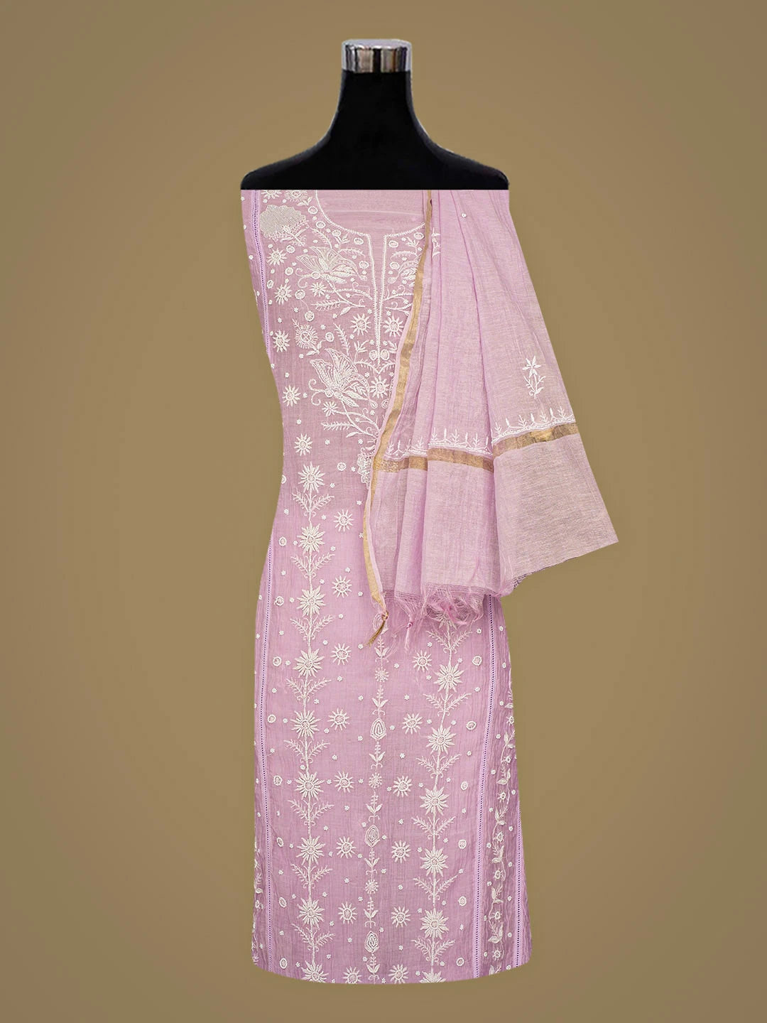 Ada Hand Embroidered Lavender Chanderi Lucknowi Chikankari Unstitched Kurta Dupatta Set With Pearl Work 01A898449