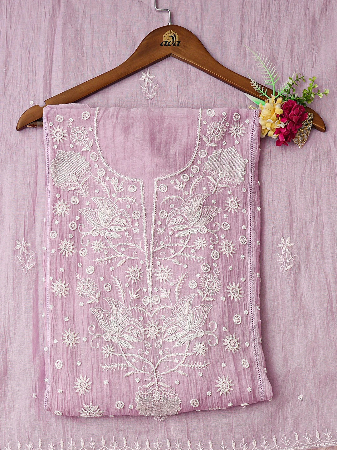 Ada Hand Embroidered Lavender Chanderi Lucknowi Chikankari Unstitched Kurta Dupatta Set With Pearl Work 01A898449