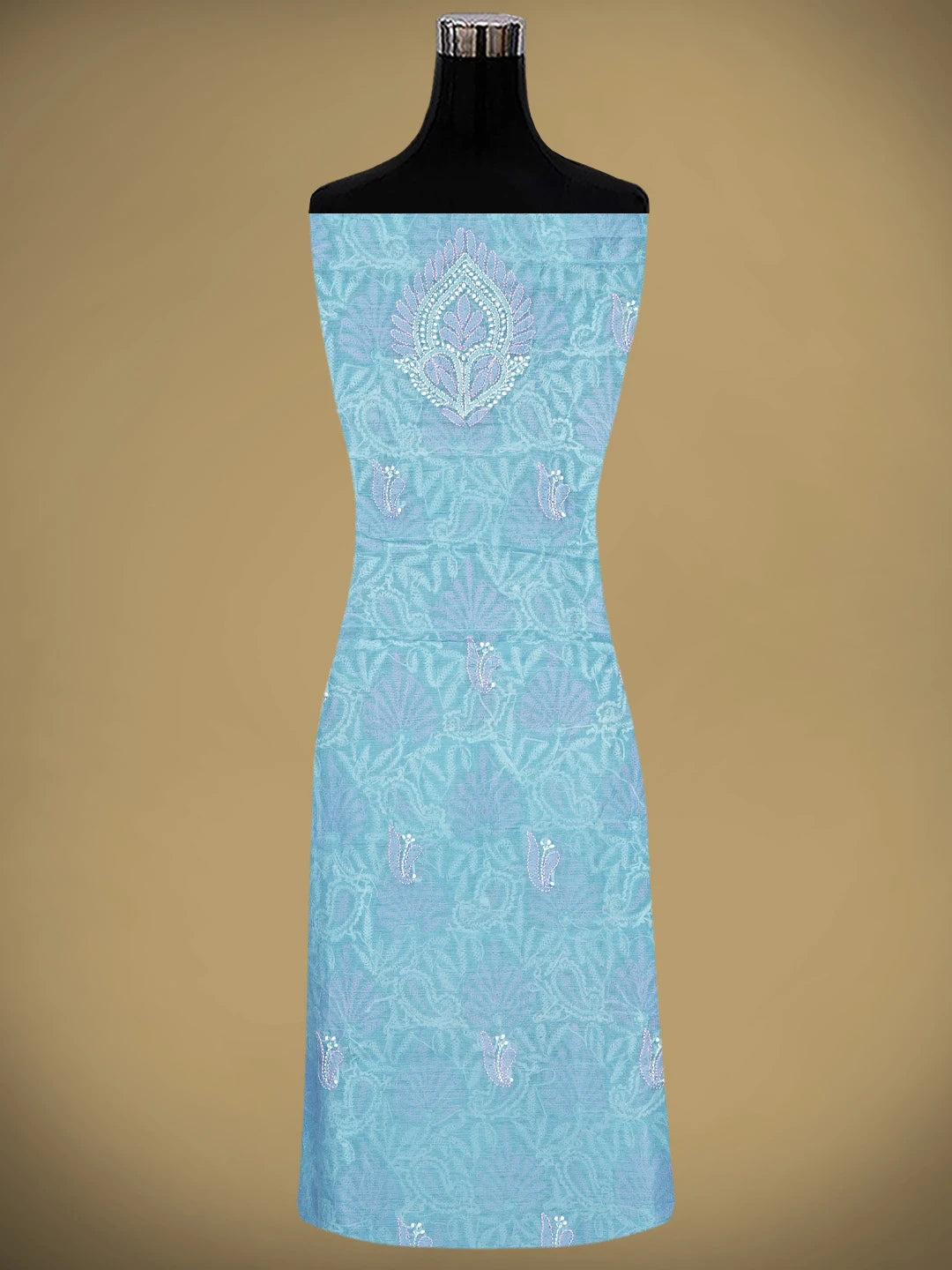 Ada Hand Embroidered Sky Blue Chanderi Lucknowi Chikankari Unstitched Kurta Dupatta Set 01A920962