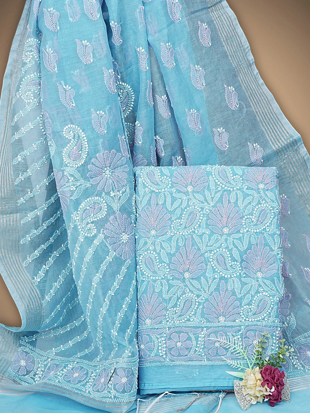 Ada Hand Embroidered Sky Blue Chanderi Lucknowi Chikankari Unstitched Kurta Dupatta Set 01A920962