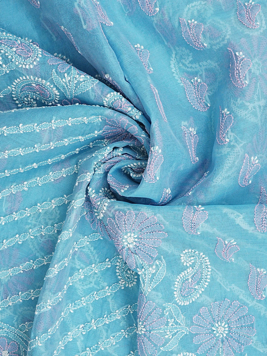 Ada Hand Embroidered Sky Blue Chanderi Lucknowi Chikankari Unstitched Kurta Dupatta Set 01A920962