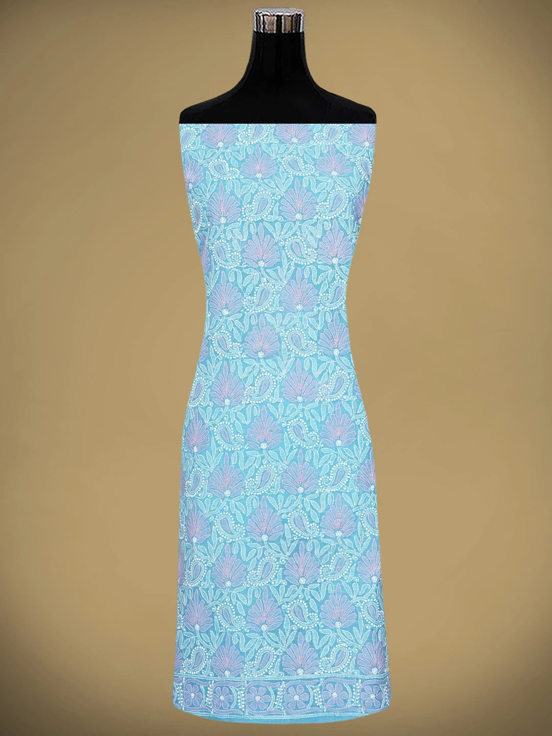 Ada Hand Embroidered Sky Blue Chanderi Lucknowi Chikankari Unstitched Kurta Dupatta Set 01A920962