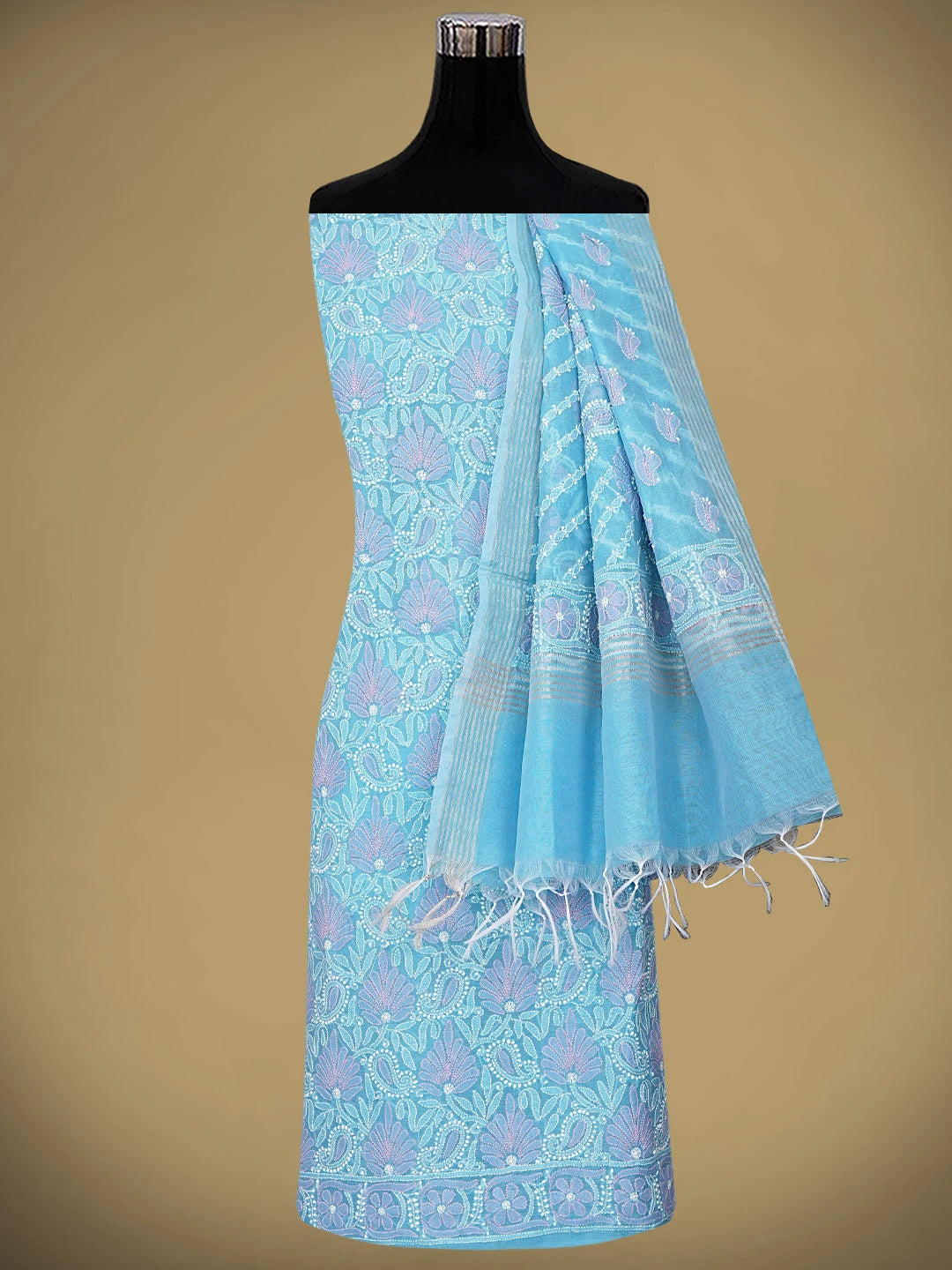 Ada Hand Embroidered Sky Blue Chanderi Lucknowi Chikankari Unstitched Kurta Dupatta Set 01A920962