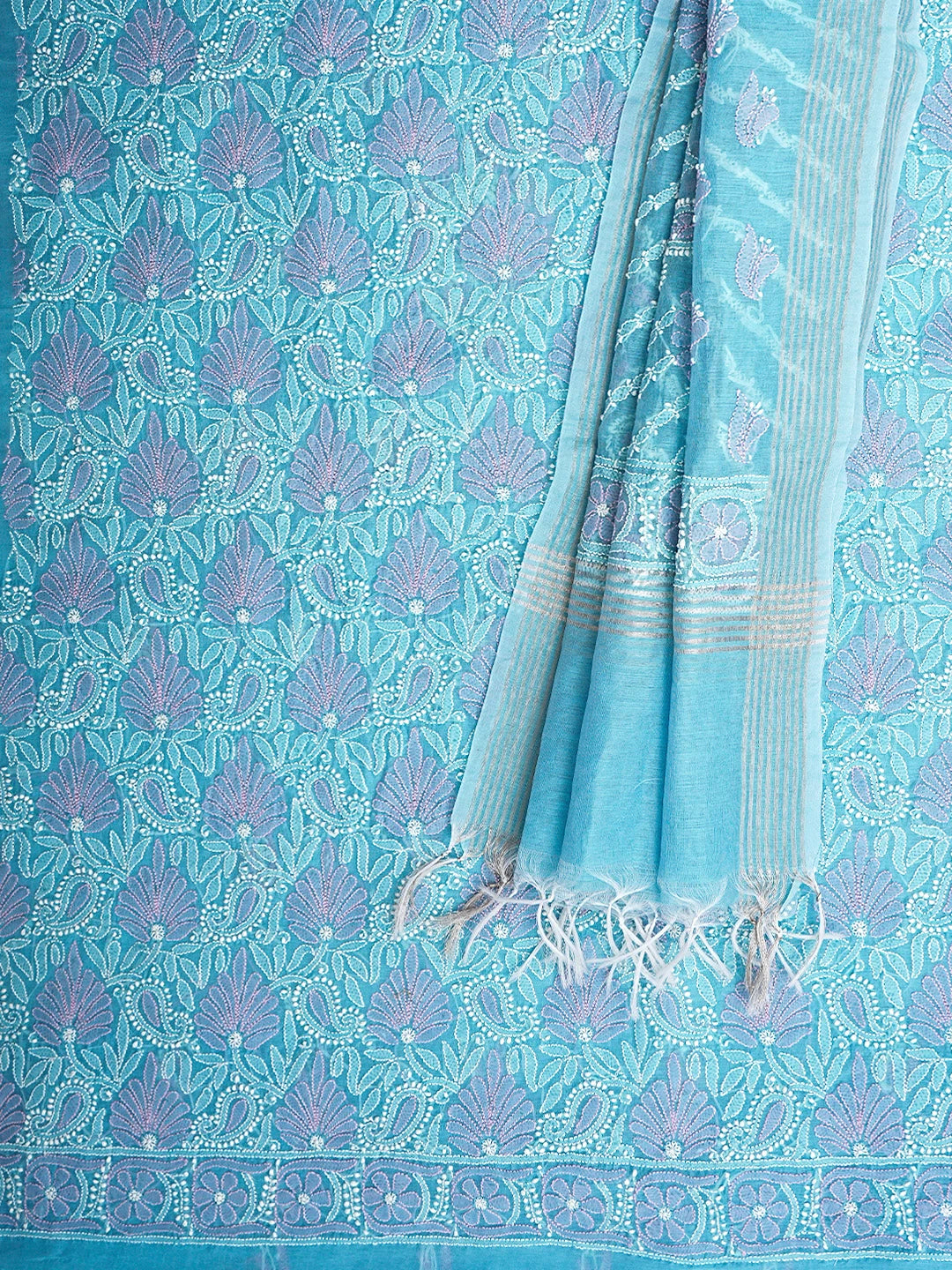 Ada Hand Embroidered Sky Blue Chanderi Lucknowi Chikankari Unstitched Kurta Dupatta Set 01A920962