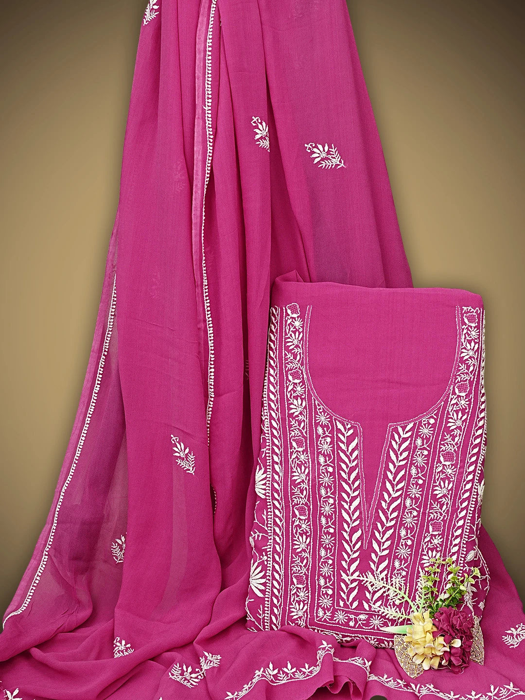 Ada Hand Embroidered Magenta Viscose Georgette Lucknowi Chikankari Unstitched Kurta Dupatta Set 01A873594