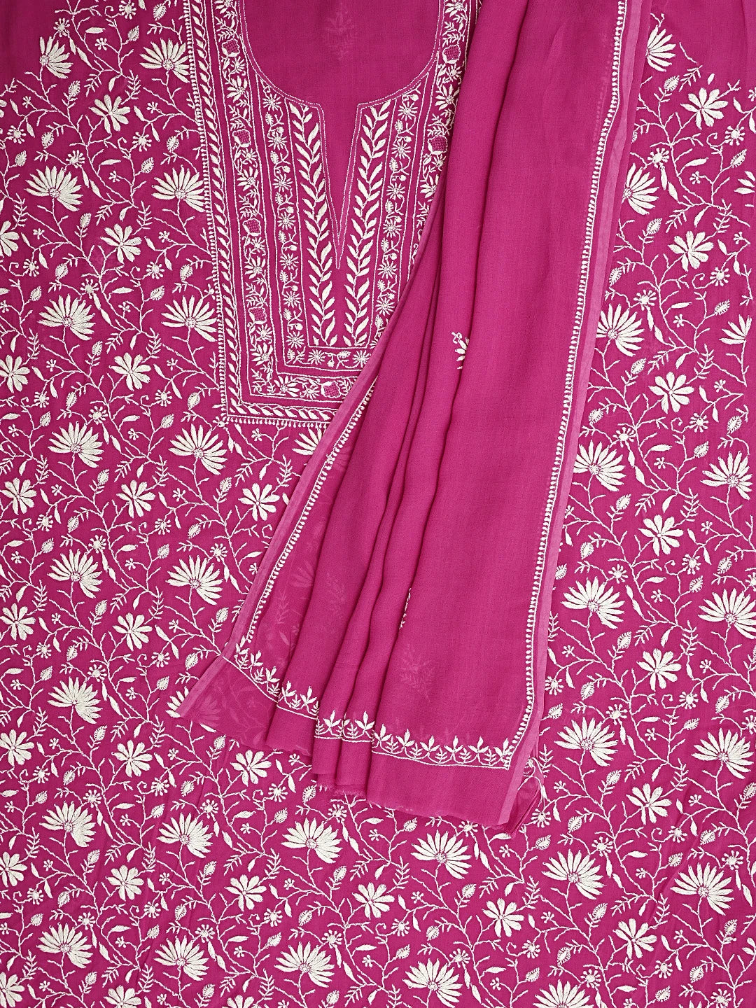Ada Hand Embroidered Magenta Viscose Georgette Lucknowi Chikankari Unstitched Kurta Dupatta Set 01A873594