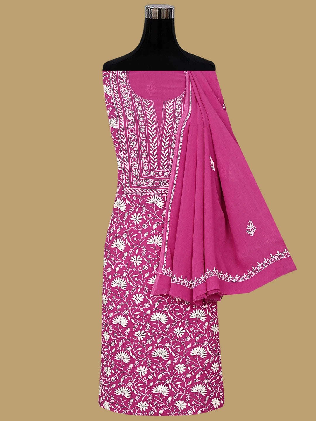 Ada Hand Embroidered Magenta Viscose Georgette Lucknowi Chikankari Unstitched Kurta Dupatta Set 01A873594