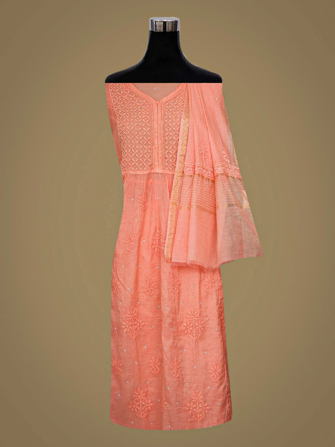 Ada Hand Embroidered Peach Chanderi Lucknowi Chikankari Unstitched Kurta Dupatta Set With Cutdana Work 01A921779