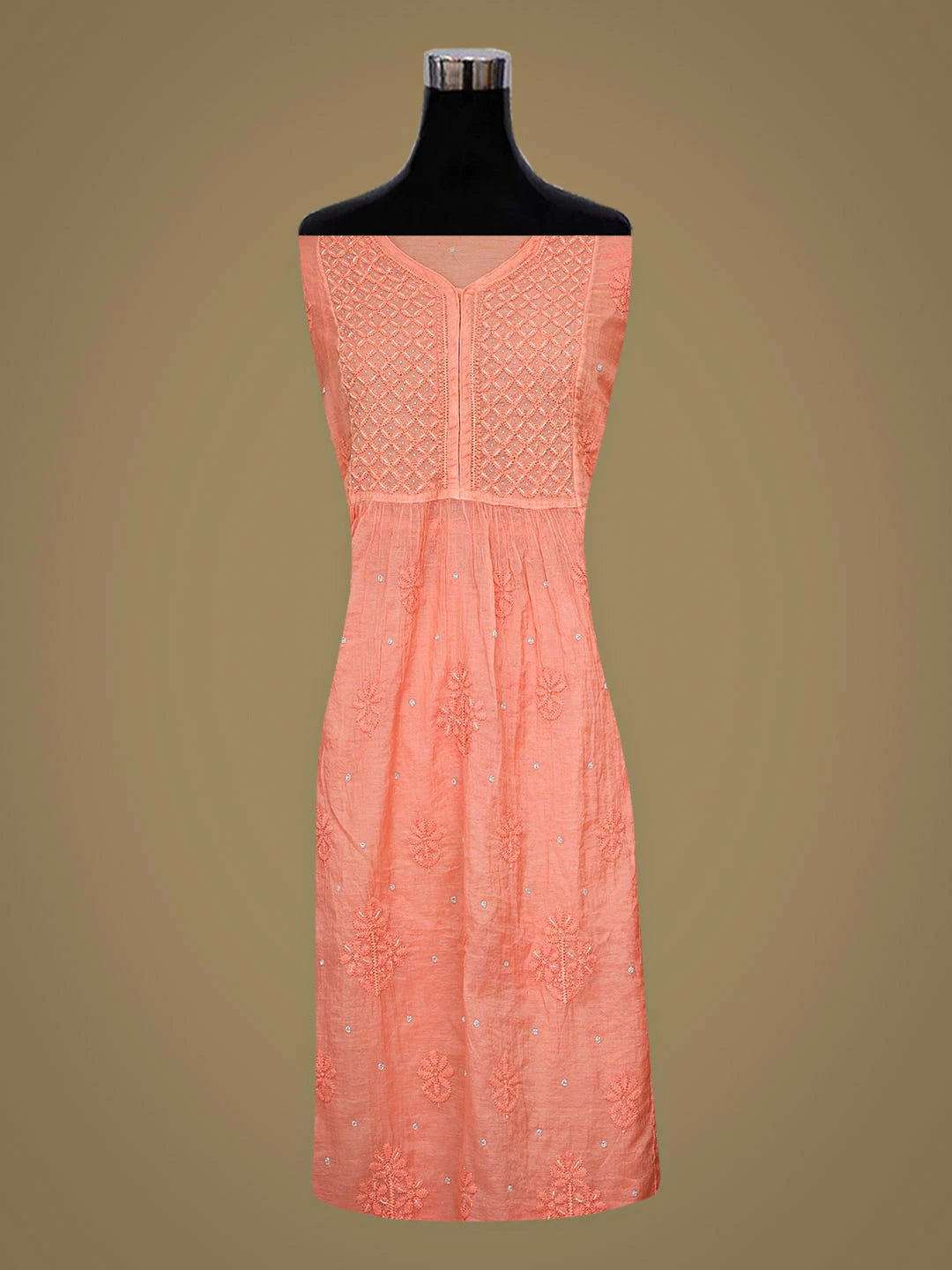 Ada Hand Embroidered Peach Chanderi Lucknowi Chikankari Unstitched Kurta Dupatta Set With Cutdana Work 01A921779