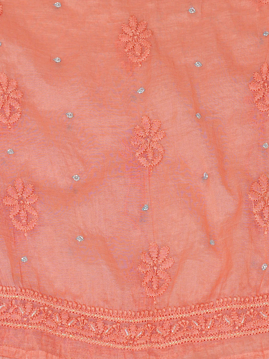 Ada Hand Embroidered Peach Chanderi Lucknowi Chikankari Unstitched Kurta Dupatta Set With Cutdana Work 01A921779