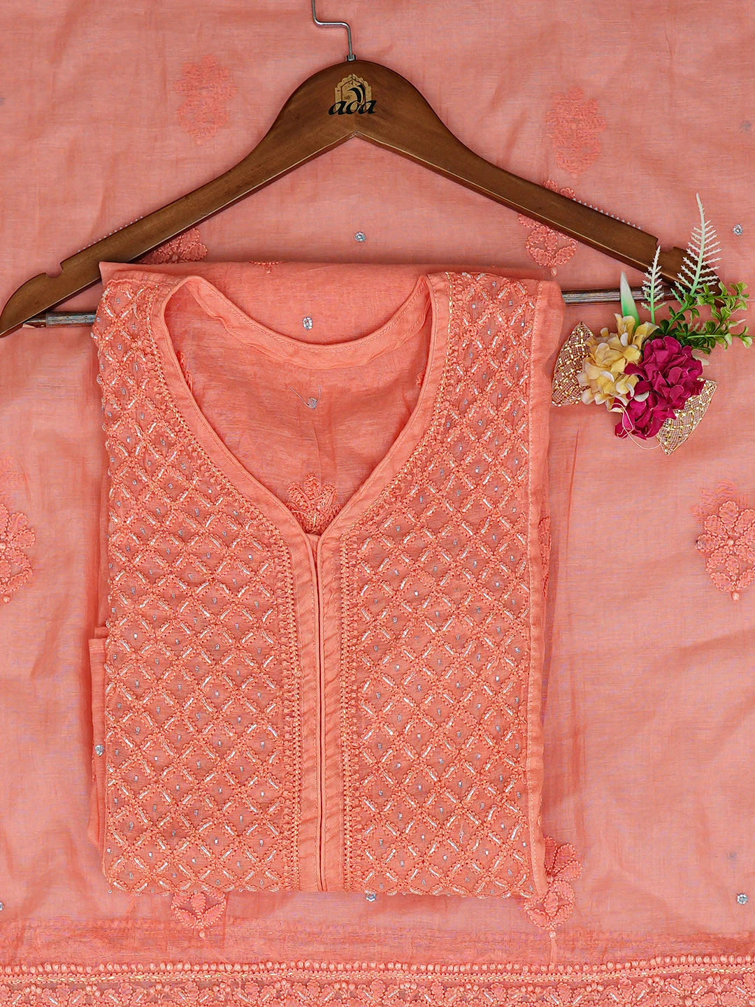Ada Hand Embroidered Peach Chanderi Lucknowi Chikankari Unstitched Kurta Dupatta Set With Cutdana Work 01A921779