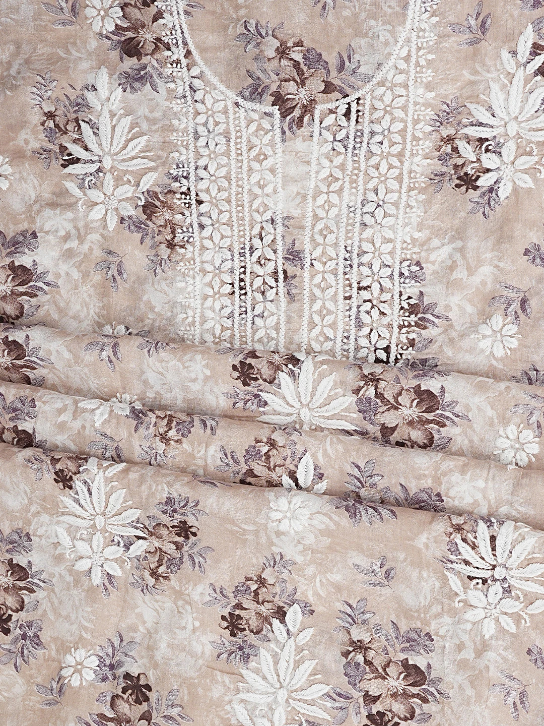 Ada Hand Embroidered Floral Printed Dusty Peach Cotton Lucknowi Chikankari Unstitched Kurta Dupatta Set 01A898188