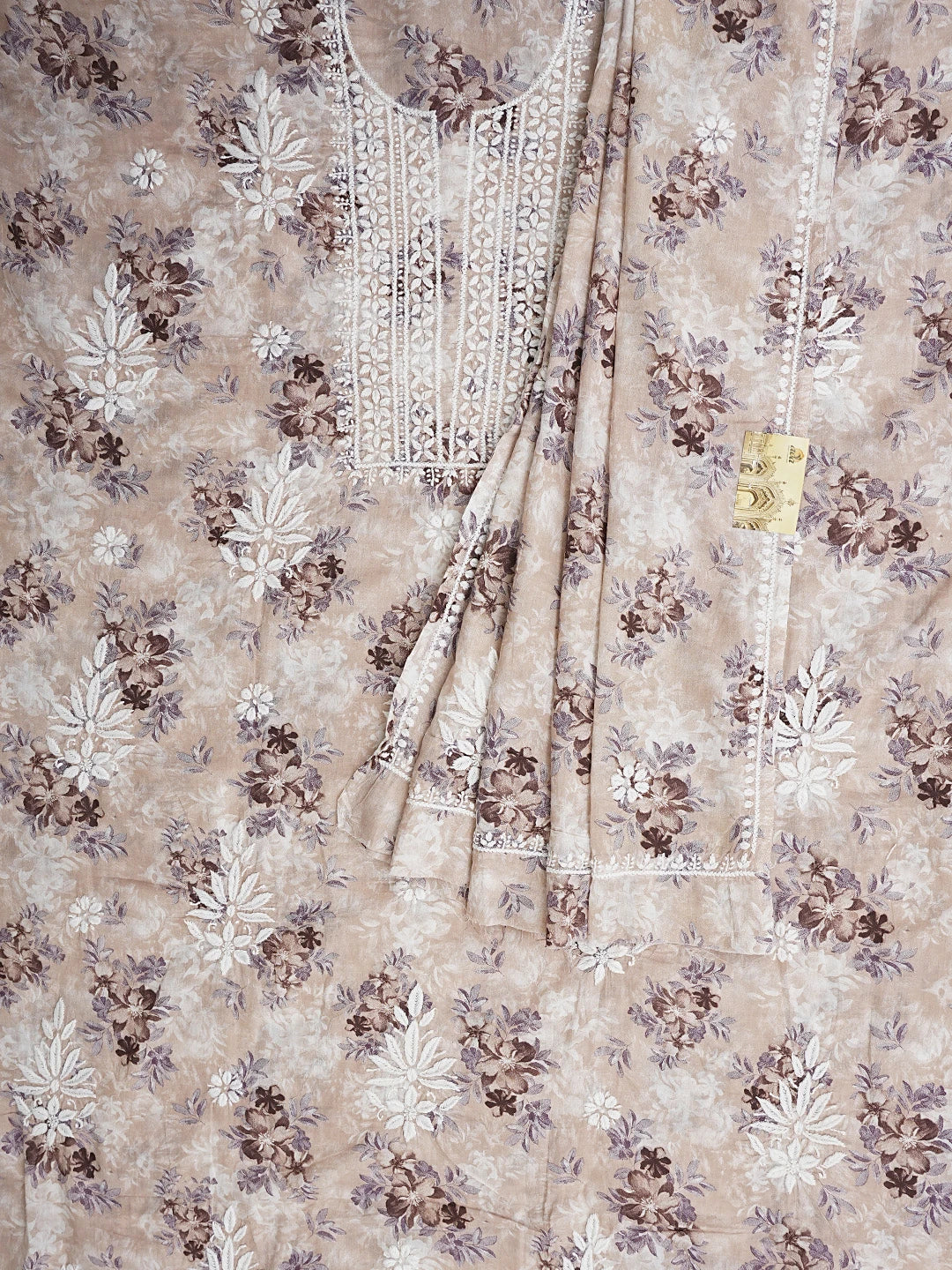 Ada Hand Embroidered Floral Printed Dusty Peach Cotton Lucknowi Chikankari Unstitched Kurta Dupatta Set 01A898188