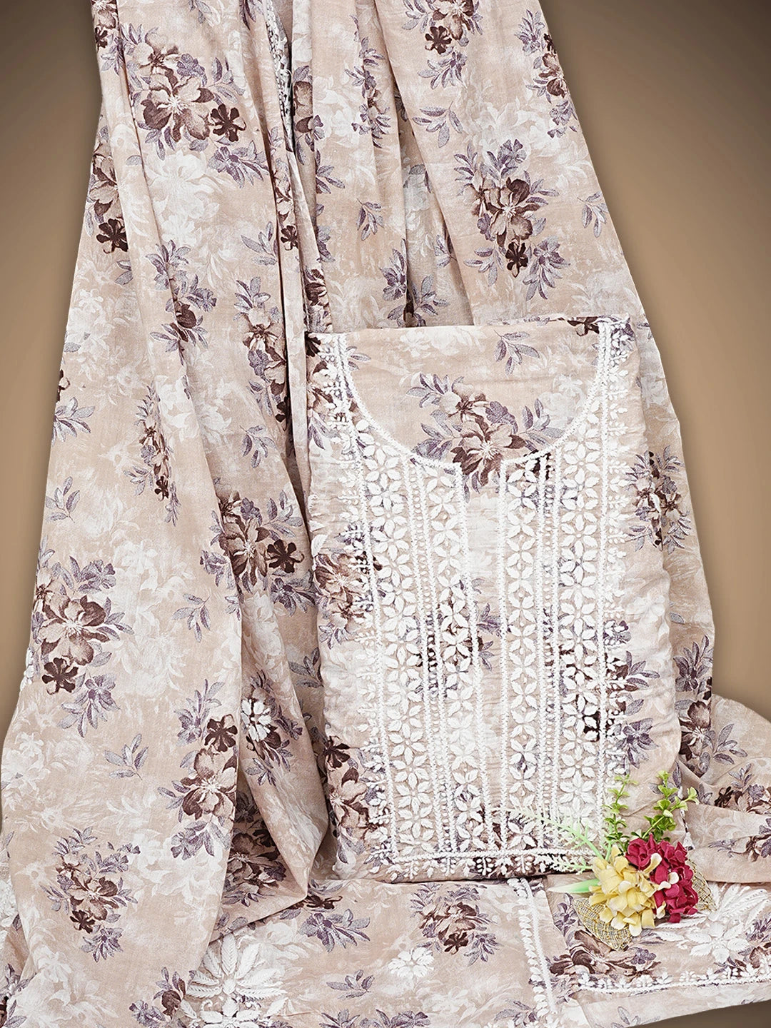 Ada Hand Embroidered Floral Printed Dusty Peach Cotton Lucknowi Chikankari Unstitched Kurta Dupatta Set 01A898188