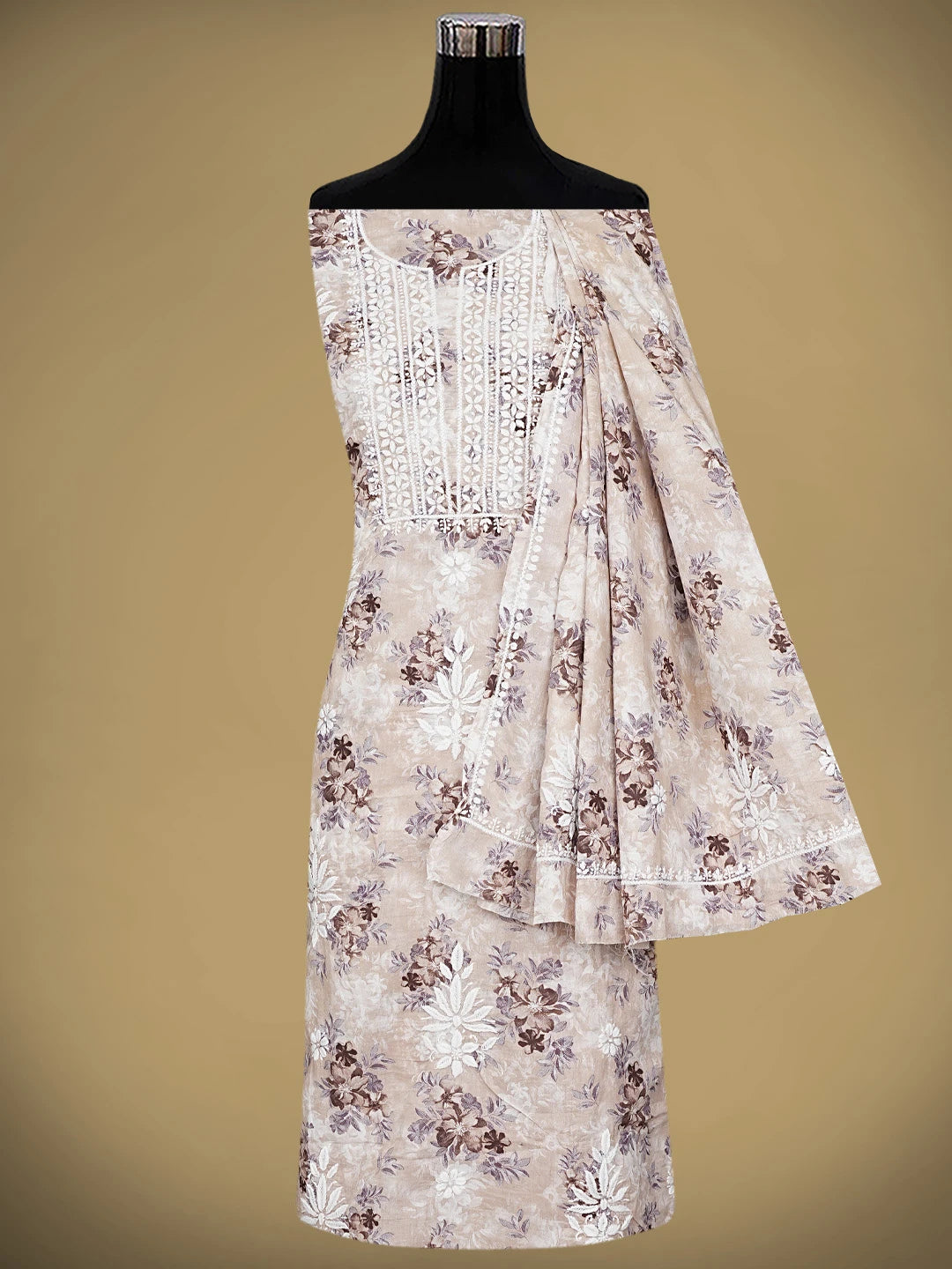 Ada Hand Embroidered Floral Printed Dusty Peach Cotton Lucknowi Chikankari Unstitched Kurta Dupatta Set 01A898188