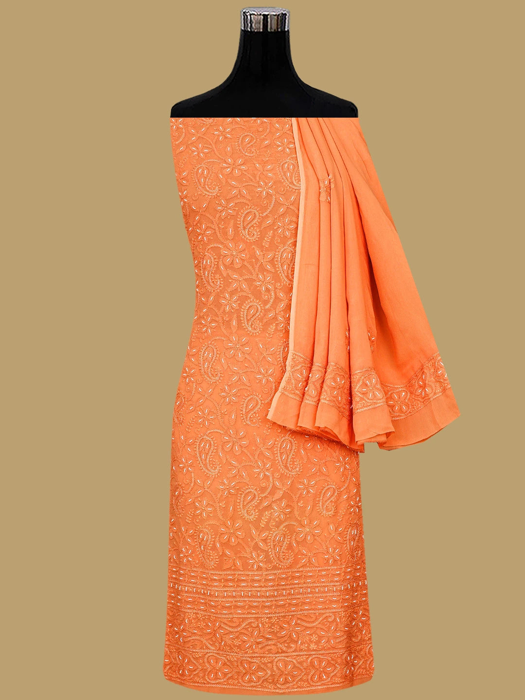 Ada Hand Embroidered Coral Glow Viscose Georgette Lucknowi Chikankari Unstitched Kurta Dupatta Set With Zari  Work 01A893652