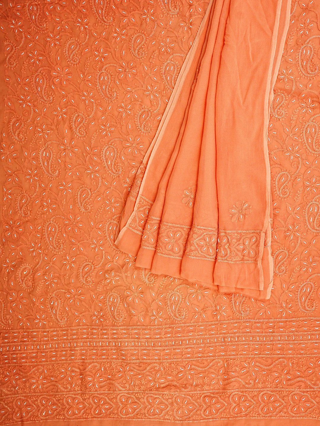 Ada Hand Embroidered Coral Glow Viscose Georgette Lucknowi Chikankari Unstitched Kurta Dupatta Set With Zari  Work 01A893652
