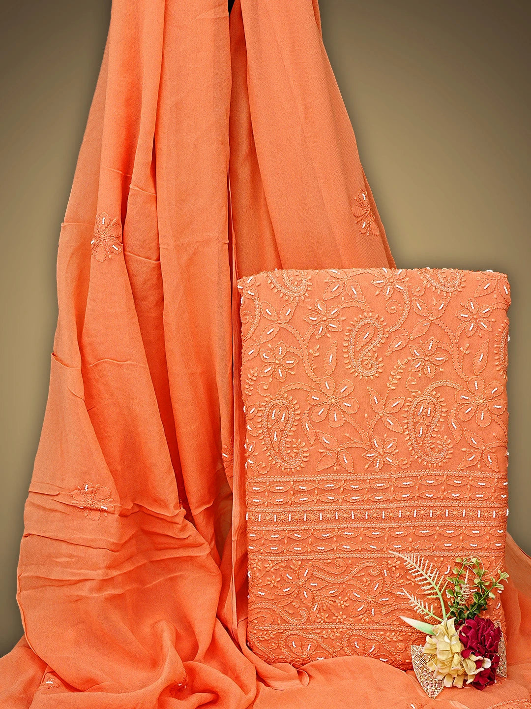 Ada Hand Embroidered Coral Glow Viscose Georgette Lucknowi Chikankari Unstitched Kurta Dupatta Set With Zari  Work 01A893652