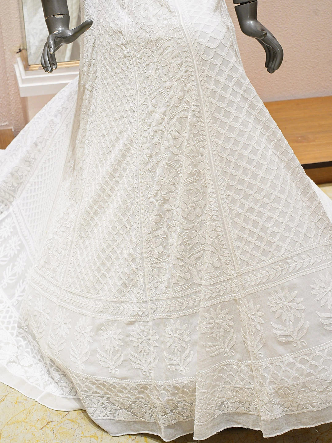 Ada Hand Embroidered White Pure Georgette Lucknowi Chikankari Lehenga Ghera Only (Skirt) 01A760095