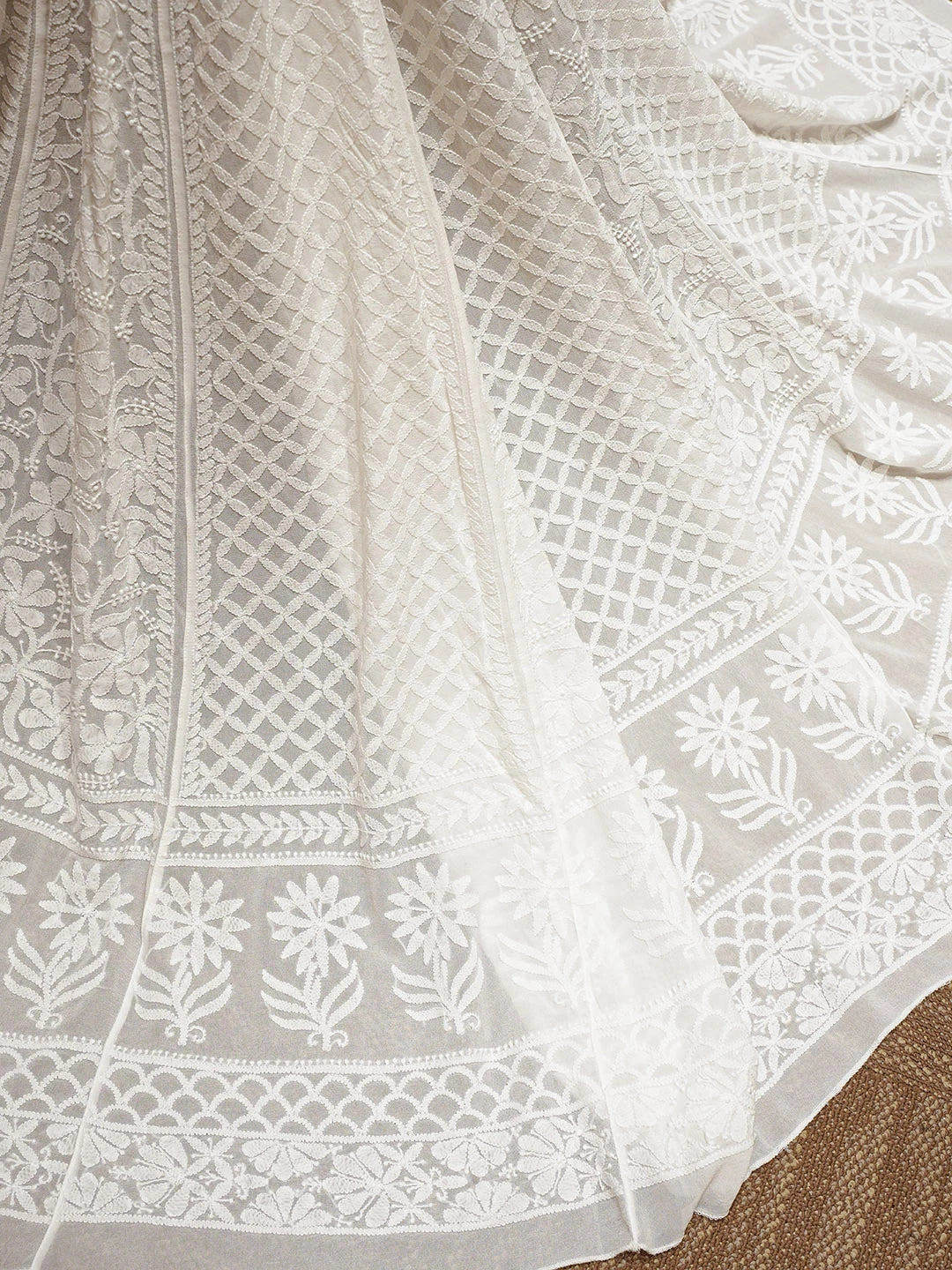 Ada Hand Embroidered White Pure Georgette Lucknowi Chikankari Lehenga Ghera Only (Skirt) 01A760095