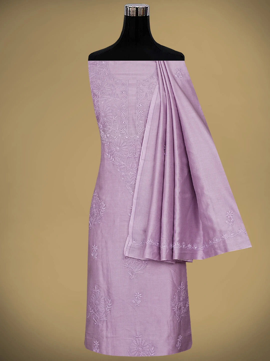 Ada Hand Embroidered Mauve Chanderi Lucknowi Chikankari Unstitched Kurta Dupatta Set 01A932534