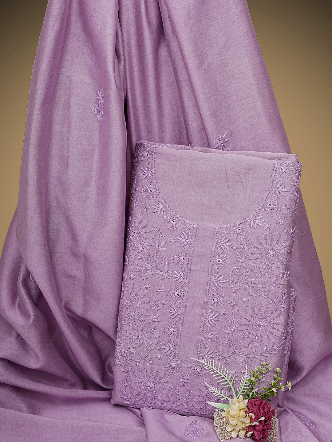 Ada Hand Embroidered Mauve Chanderi Lucknowi Chikankari Unstitched Kurta Dupatta Set 01A932534