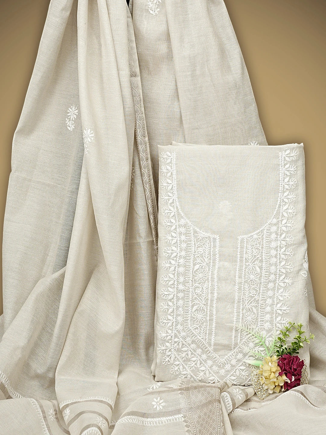Ada Hand Embroidered Bone Brown Tissue Lucknowi Chikankari Unstitched Kurta Dupatta Set 01A923489