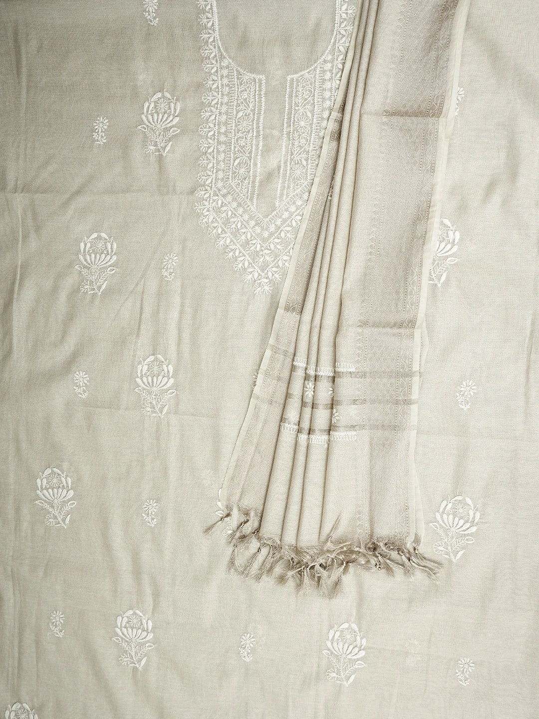Ada Hand Embroidered Bone Brown Tissue Lucknowi Chikankari Unstitched Kurta Dupatta Set 01A923489