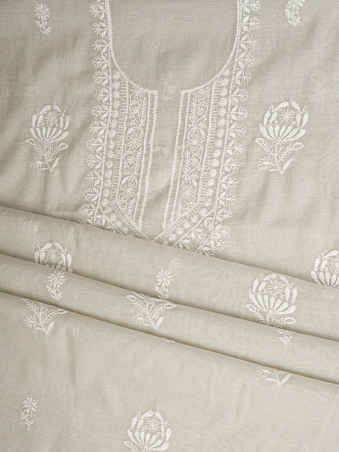 Ada Hand Embroidered Bone Brown Tissue Lucknowi Chikankari Unstitched Kurta Dupatta Set 01A923489