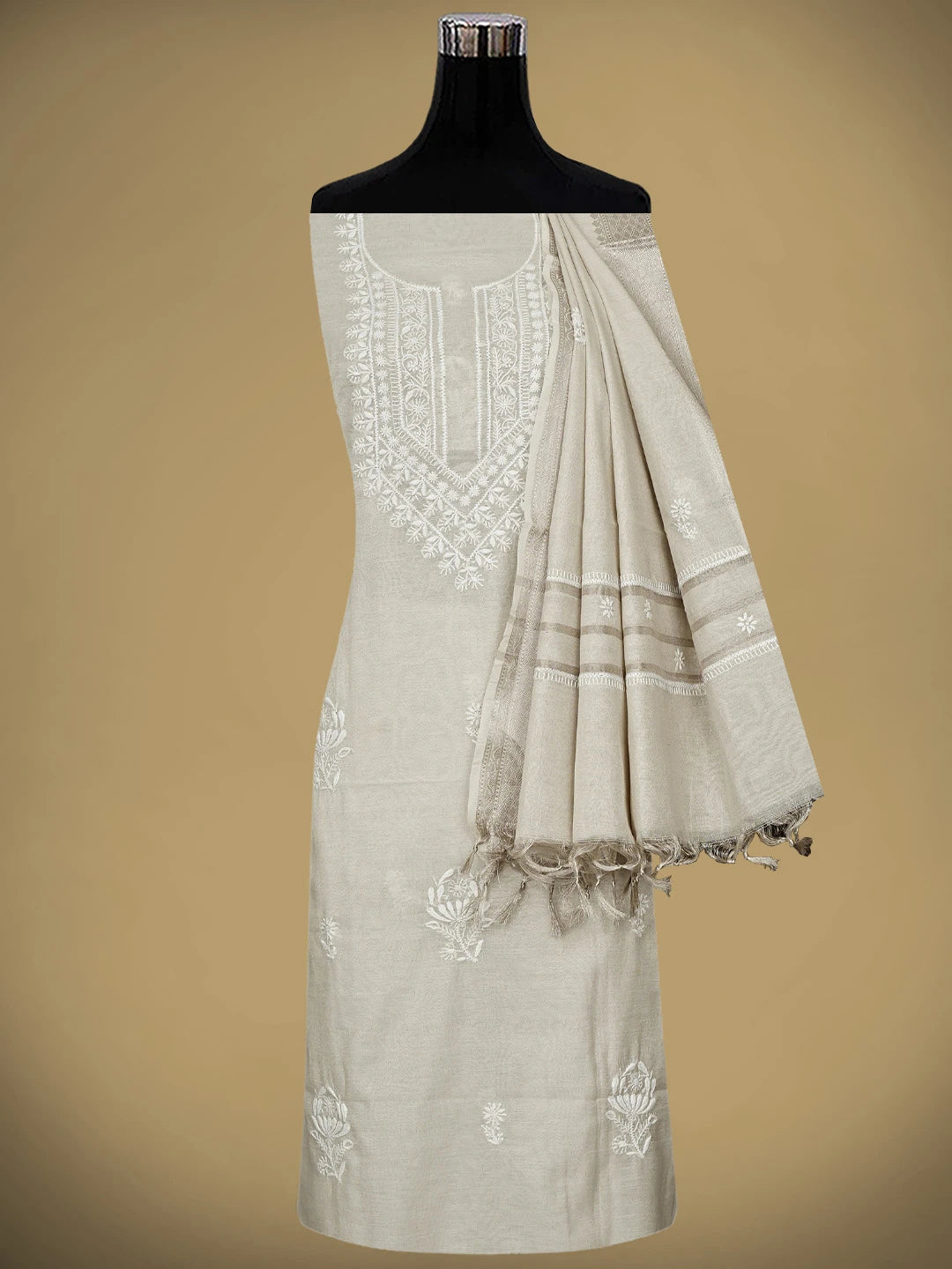 Ada Hand Embroidered Bone Brown Tissue Lucknowi Chikankari Unstitched Kurta Dupatta Set 01A923489