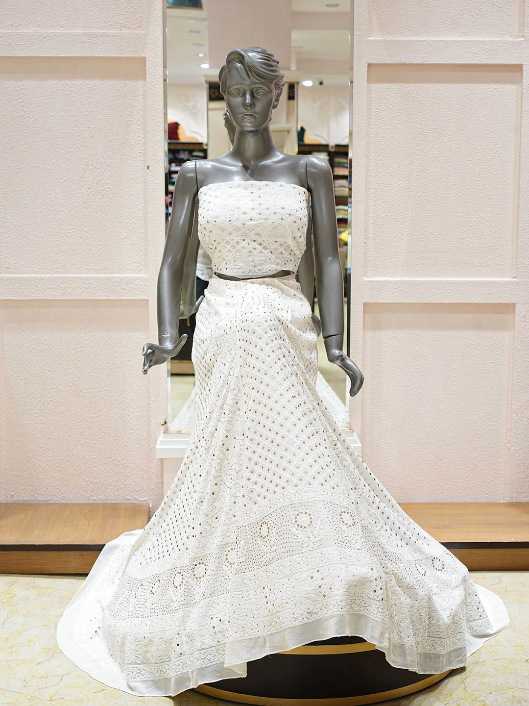 Ada Hand Embroidered White Pure Georgette Lucknowi Chikankari Lehenga Ghera Only (Skirt) With Muqaish/Mukaish Work 01A681179