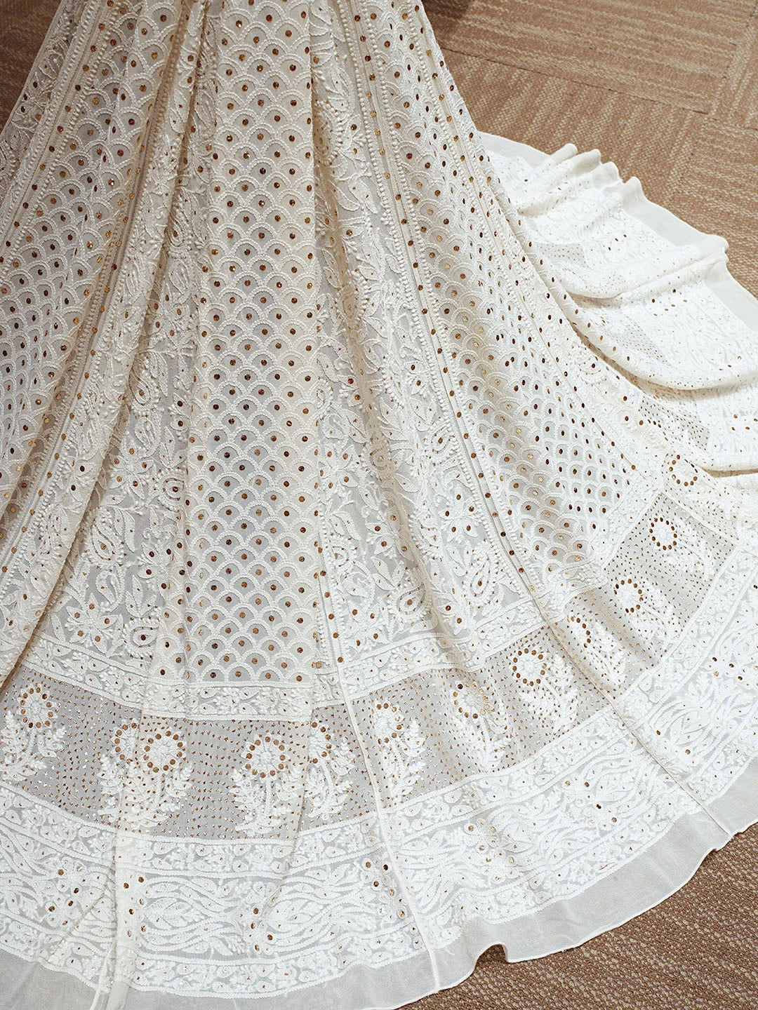 Ada Hand Embroidered White Pure Georgette Lucknowi Chikankari Lehenga Ghera Only (Skirt) With Muqaish/Mukaish Work 01A681179