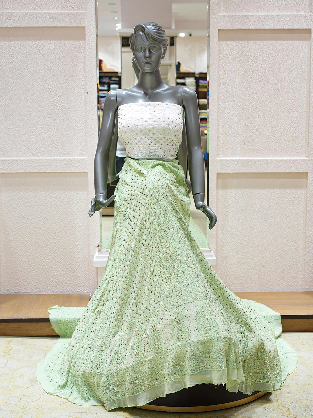 Ada Hand Embroidered Light Green Viscose Georgette Lucknowi Chikankari Lehenga Ghera Only (Skirt) With Mukaish/Muqaish Work  01A762821