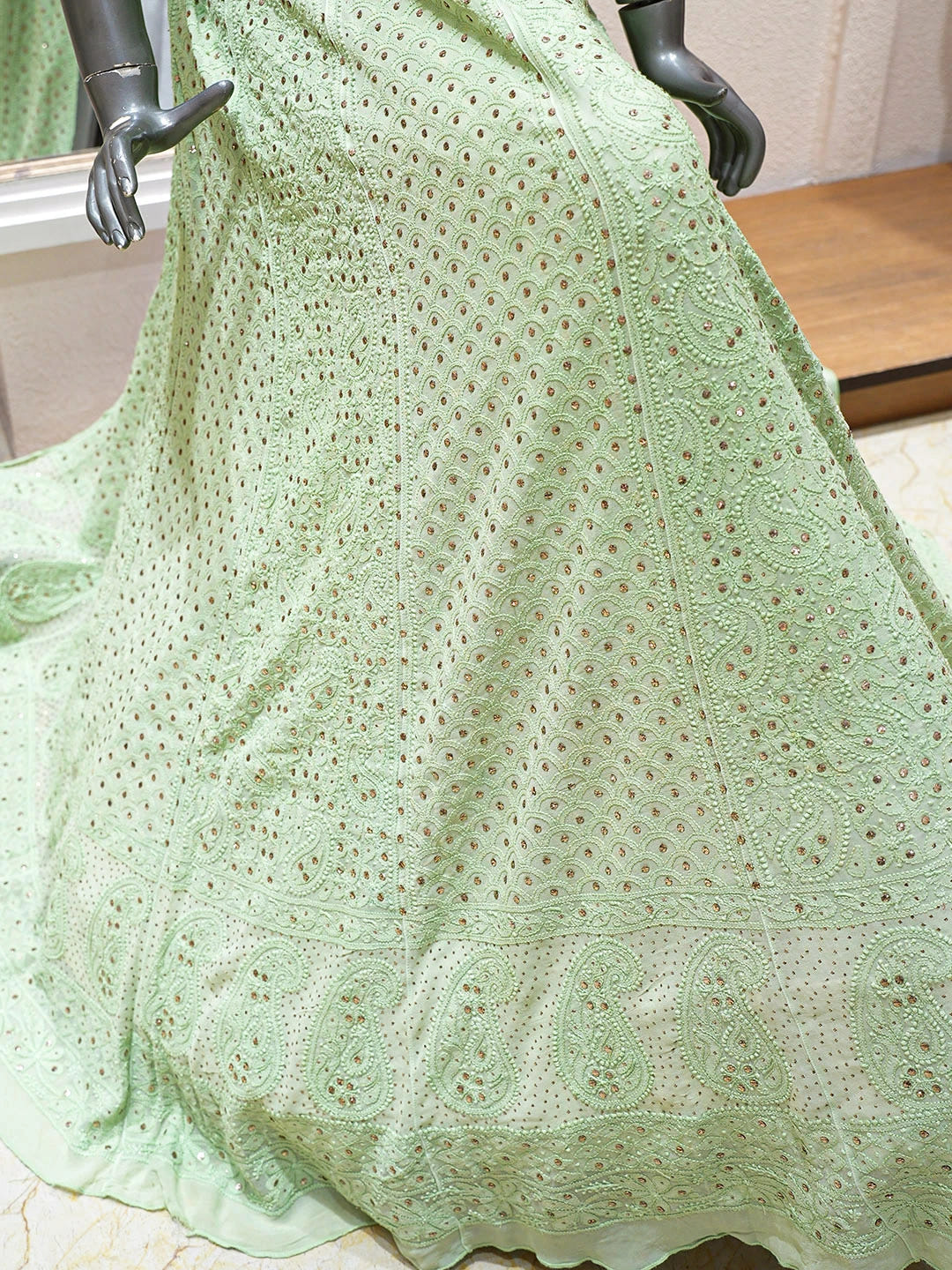 Ada Hand Embroidered Light Green Viscose Georgette Lucknowi Chikankari Lehenga Ghera Only (Skirt) With Mukaish/Muqaish Work  01A762821