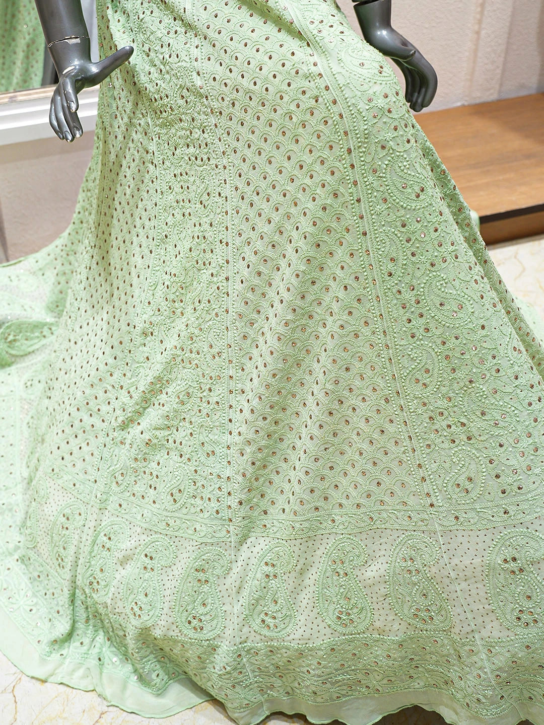 Ada Hand Embroidered Light Green Viscose Georgette Lucknowi Chikankari Lehenga Ghera Only (Skirt) With Mukaish/Muqaish Work  01A762821