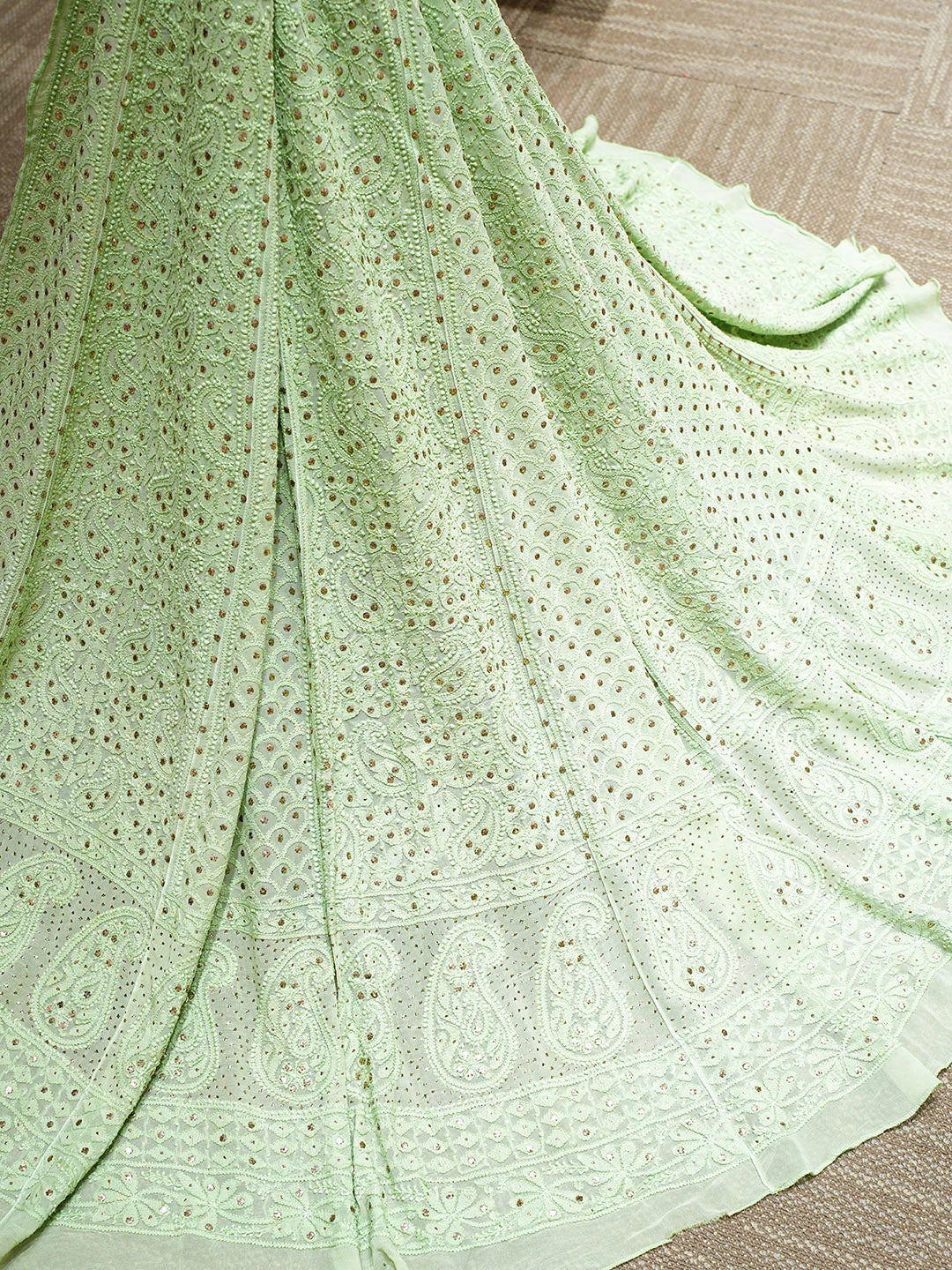 Ada Hand Embroidered Light Green Viscose Georgette Lucknowi Chikankari Lehenga Ghera Only (Skirt) With Mukaish/Muqaish Work  01A762821