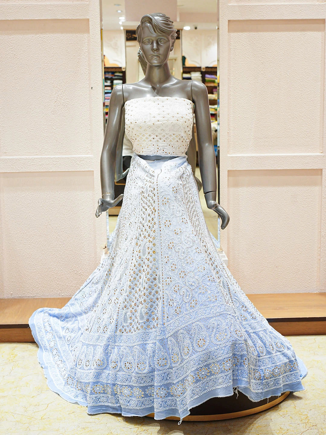 Ada Hand Embroidered Ombre Shade of Pale Sky Blue And Sky Reflection Pure Georgette Lucknowi Chikankari Lehenga Ghera Only (Skirt) With Mukaish/Muqaish Work 01A889847