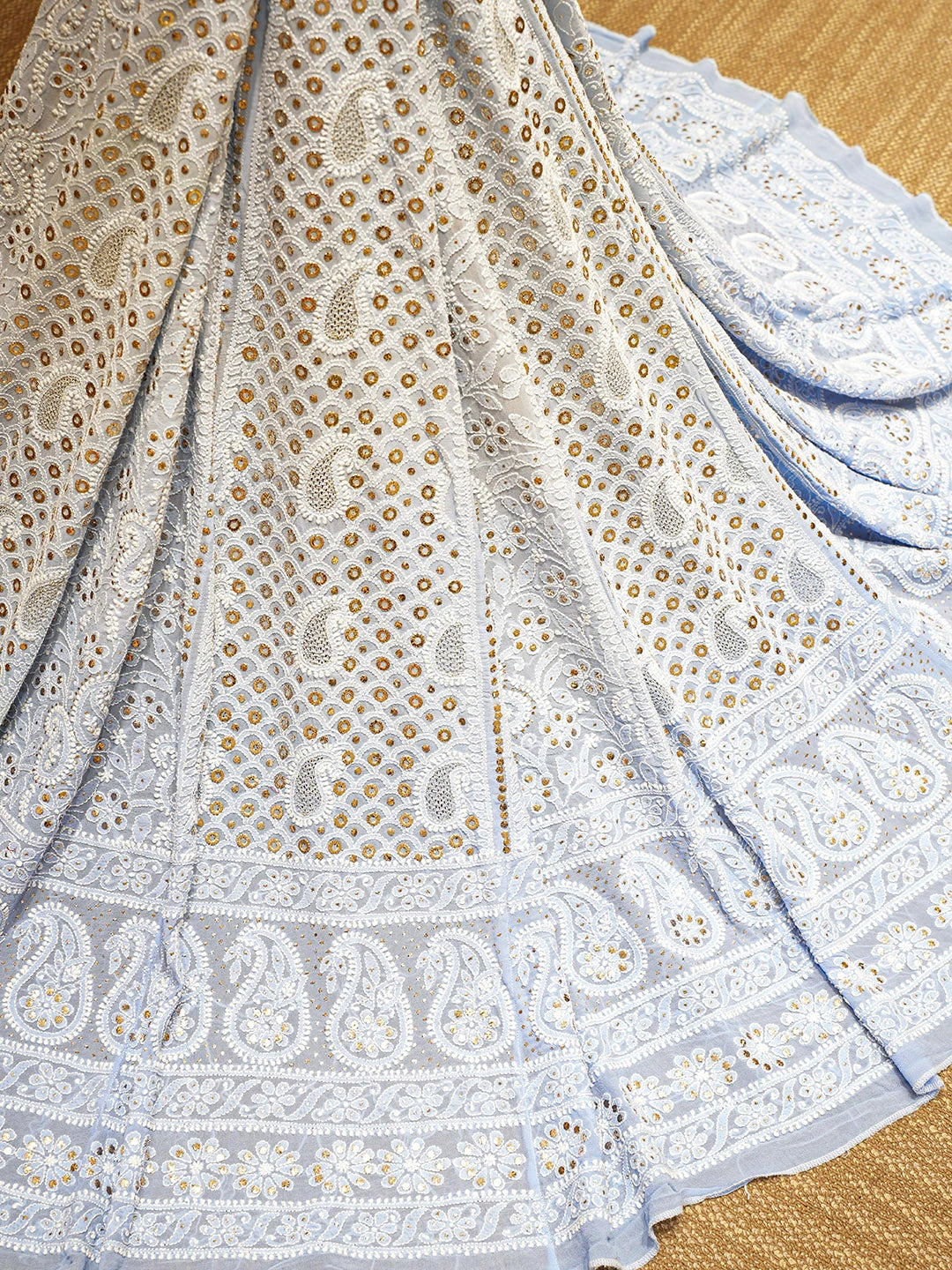 Ada Hand Embroidered Ombre Shade of Pale Sky Blue And Sky Reflection Pure Georgette Lucknowi Chikankari Lehenga Ghera Only (Skirt) With Mukaish/Muqaish Work 01A889847