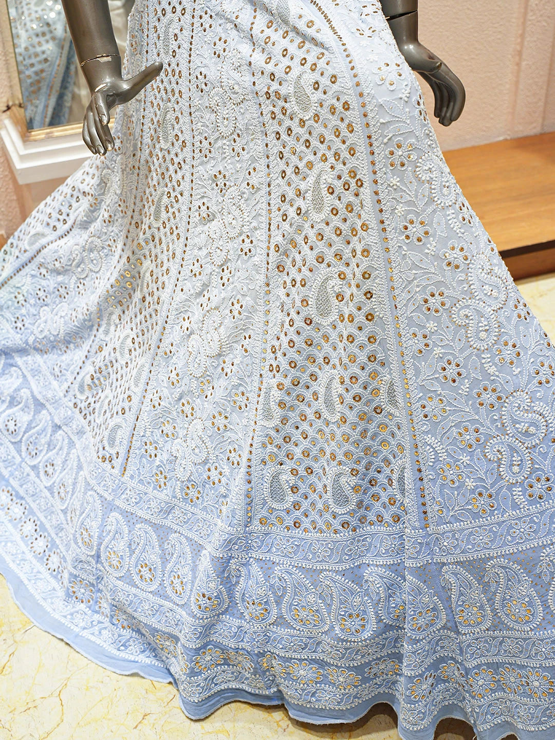 Ada Hand Embroidered Ombre Shade of Pale Sky Blue And Sky Reflection Pure Georgette Lucknowi Chikankari Lehenga Ghera Only (Skirt) With Mukaish/Muqaish Work 01A889847