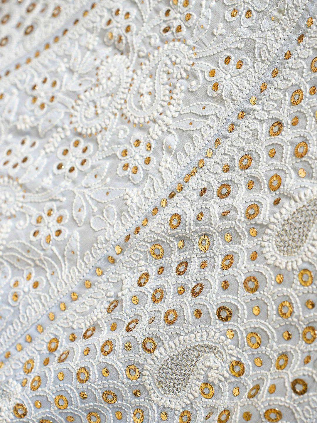 Ada Hand Embroidered Ombre Shade of Pale Sky Blue And Sky Reflection Pure Georgette Lucknowi Chikankari Lehenga Ghera Only (Skirt) With Mukaish/Muqaish Work 01A889847