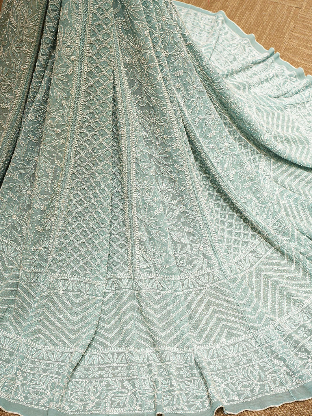 Ada Hand Embroidered Teal Green Pure Georgette Lucknowi Chikankari Lehenga Ghera Only (Skirt) With Sequinned Work 01A575961