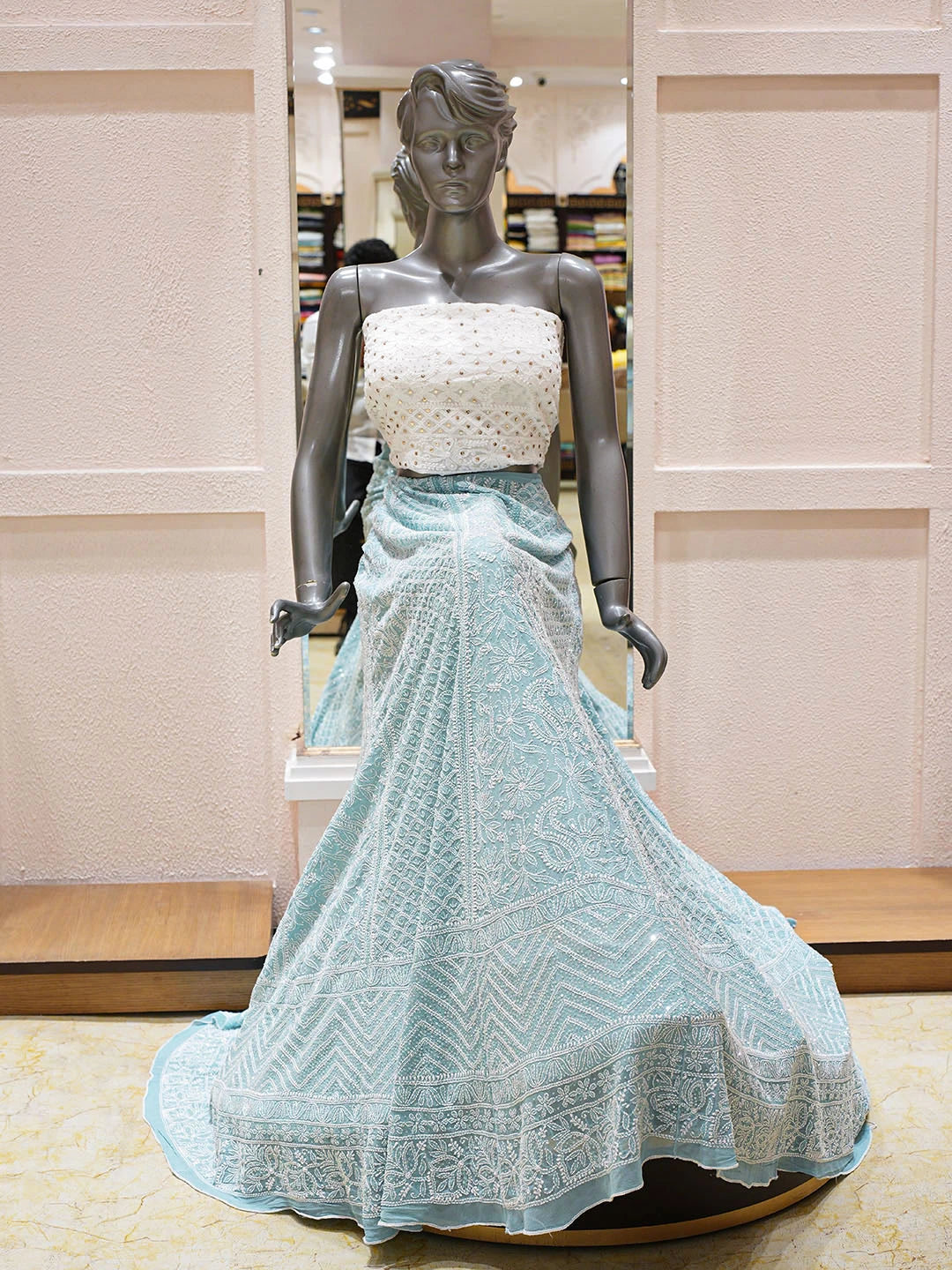 Ada Hand Embroidered Teal Green Pure Georgette Lucknowi Chikankari Lehenga Ghera Only (Skirt) With Sequinned Work 01A575961