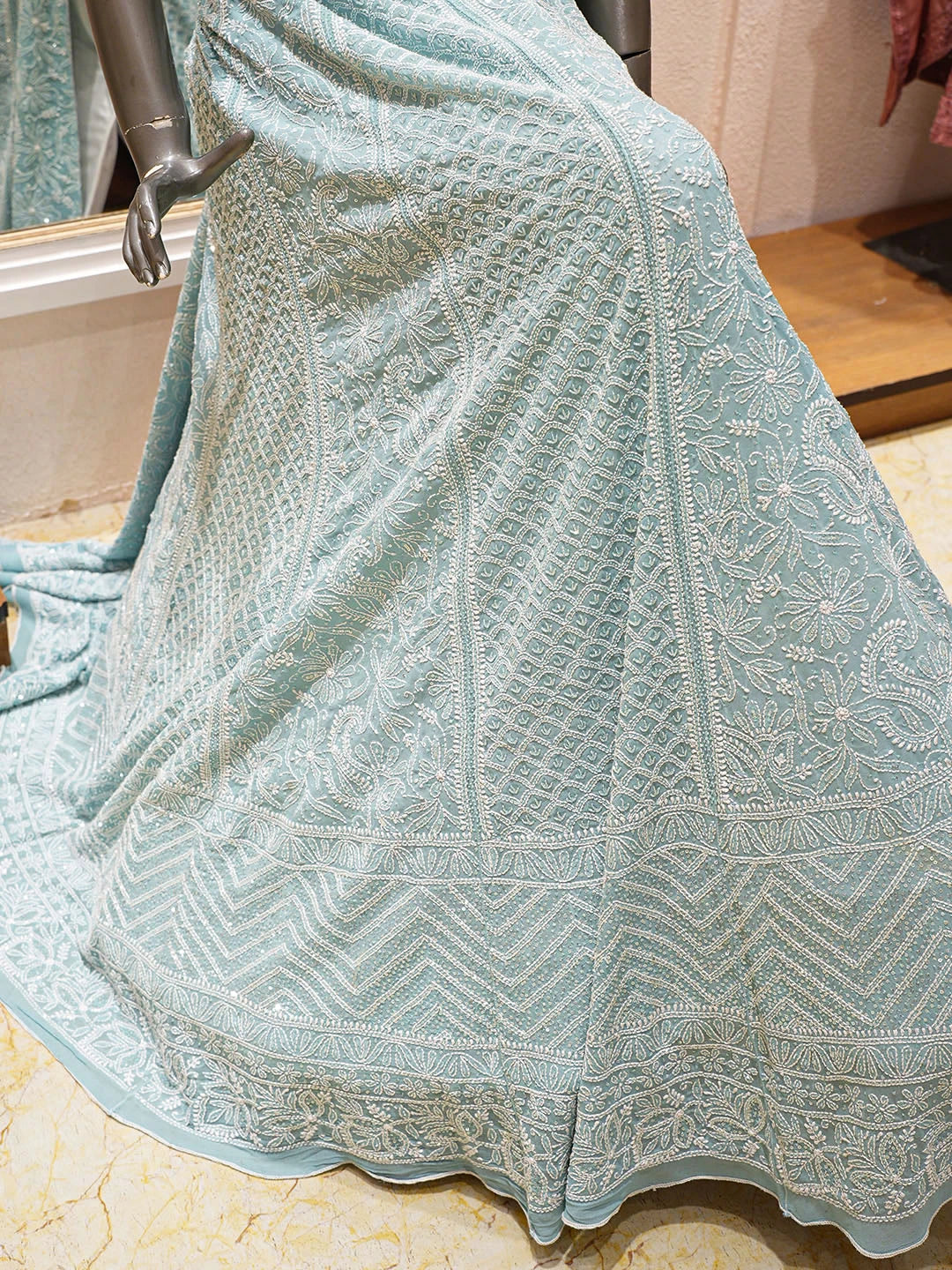 Ada Hand Embroidered Teal Green Pure Georgette Lucknowi Chikankari Lehenga Ghera Only (Skirt) With Sequinned Work 01A575961