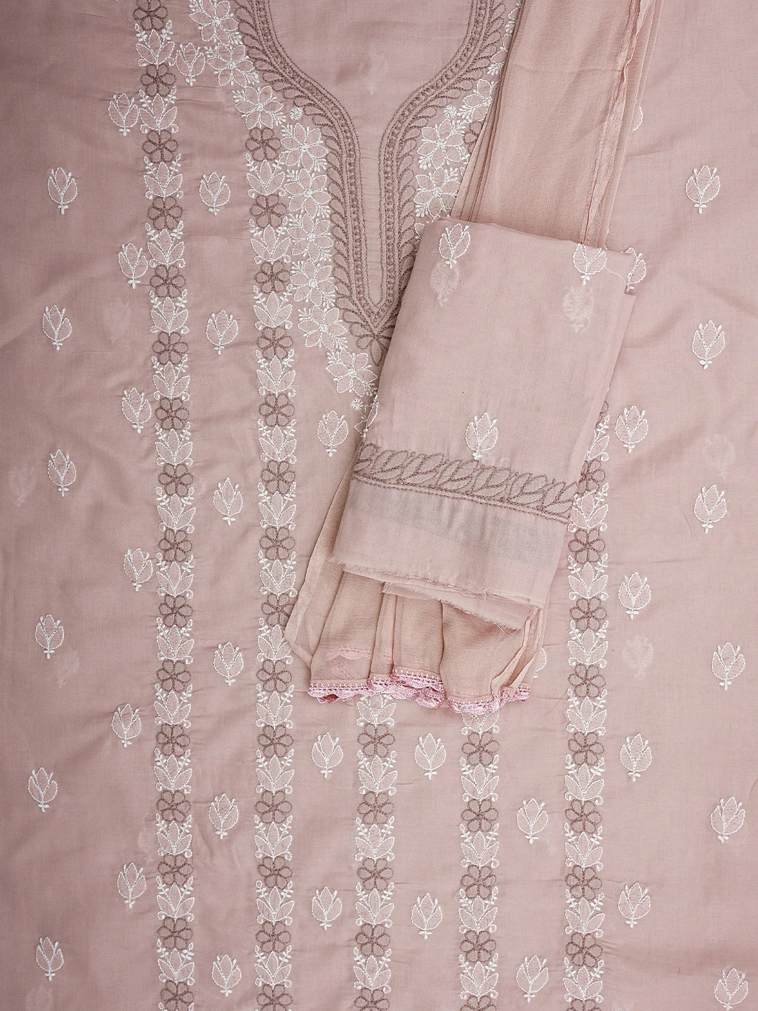 Ada Hand Embroidered Dusty Peach Cotton Lucknowi Chikankari Unstitched Suit Piece 01A943522