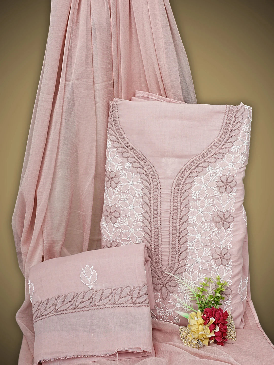 Ada Hand Embroidered Dusty Peach Cotton Lucknowi Chikankari Unstitched Suit Piece 01A943522