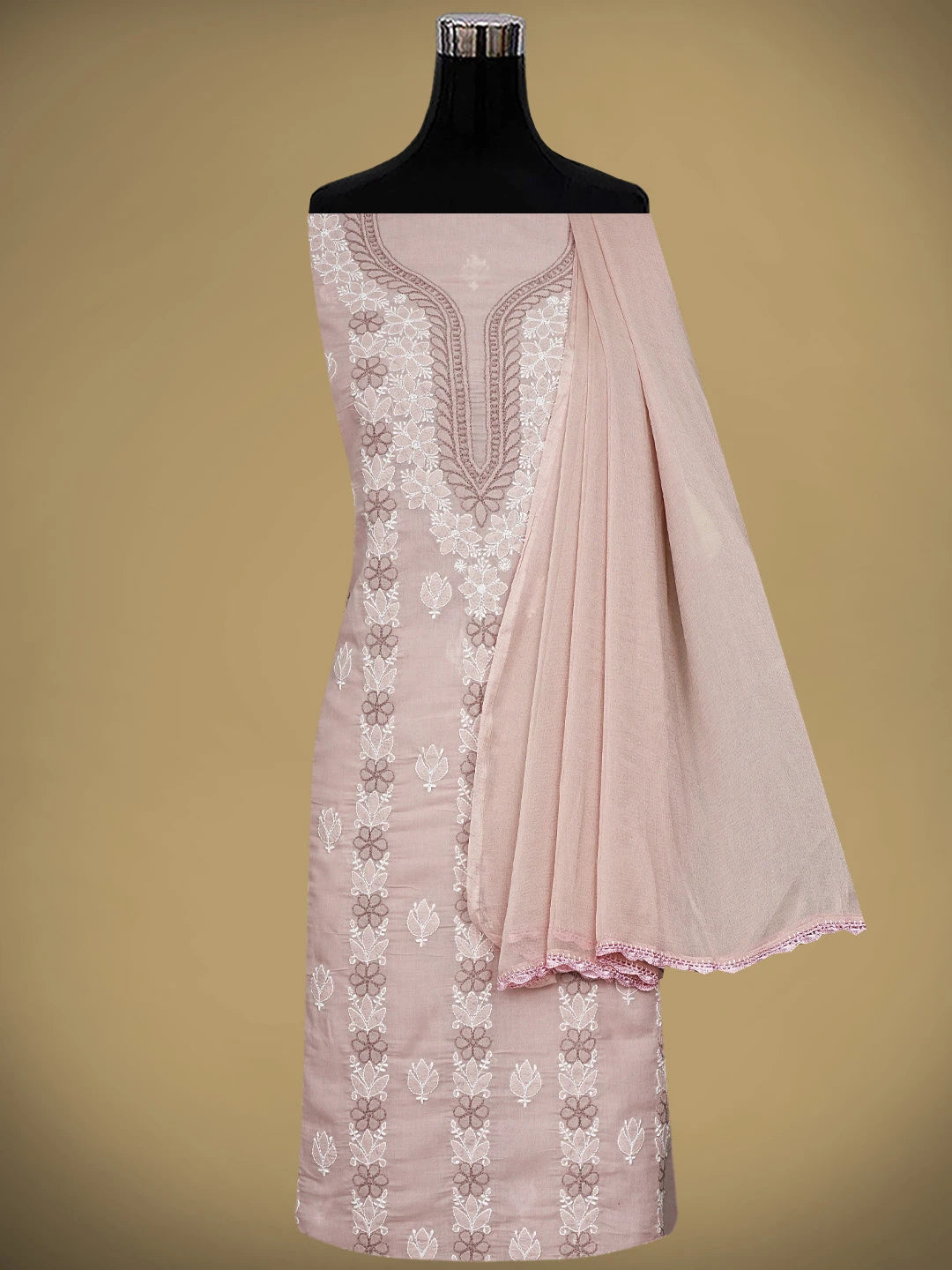 Ada Hand Embroidered Dusty Peach Cotton Lucknowi Chikankari Unstitched Suit Piece 01A943522