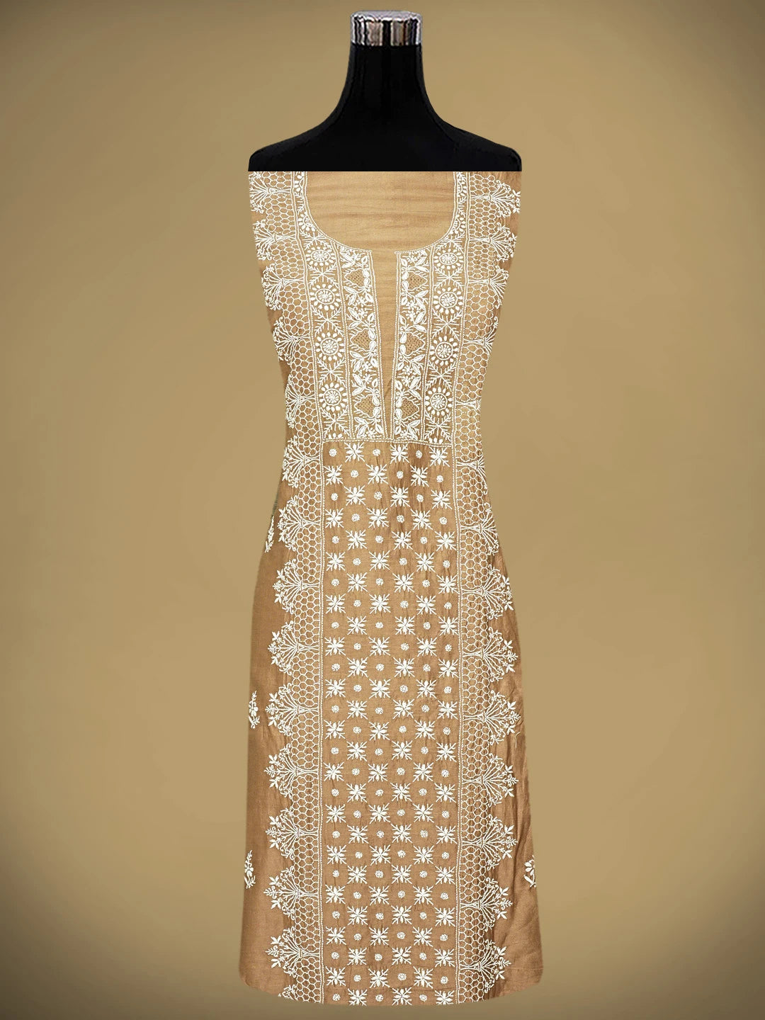 Ada Hand Embroidered Fawn Chanderi Lucknowi Chikankari Unstitched Suit Piece 01A932510